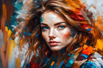 Oil portrait painting in multicolored tones. Abstract picture of a beautiful girl. Conceptual closeup of an oil painting and palette knife on canvas