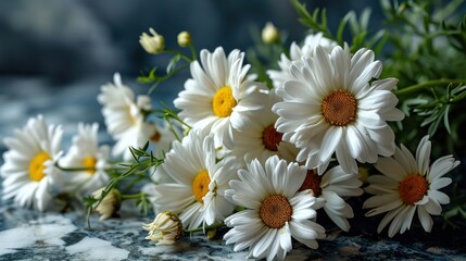 a close up of a bunch of daisies on a marble surface with green leaves and flowers in the background.