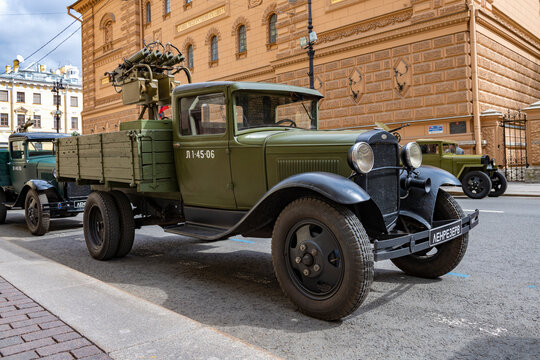 SAINT PETERSBURG, RUSSIA - MAY 04, 2023: Soviet truck ZIS-5 with anti-aircraft machine gun mount