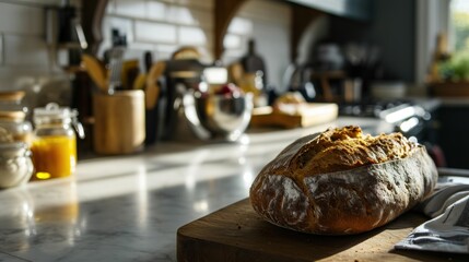  a loaf of bread sitting on top of a wooden cutting board next to a knife and a glass of orange juice.