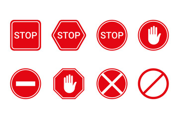 Red stop sign vector, highway road sign set.