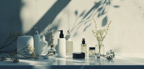 Artful arrangement of empty skincare bottles, matte textures, HD.