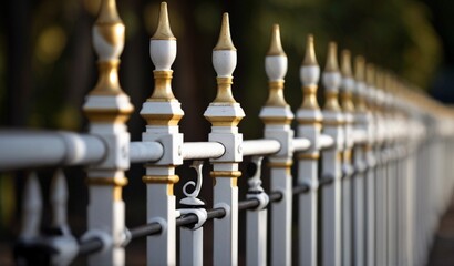 A cast wrought iron fence lined with white and gold post toppers, close-up from AI Generative