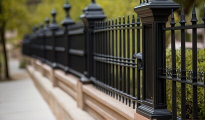  A cast wrought iron fence lined with black post toppers, close-up from AI Generative