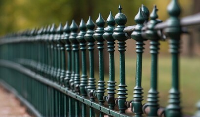 A cast wrought iron fence lined with green post toppers, close-up from AI Generative