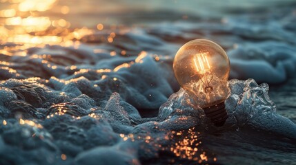  a light bulb sitting in the middle of a body of water with waves coming up around it and the sun shining on the water.