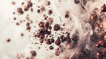  a close up of a mixture of smoke and cranberries on a white and gray background with red and black speckles.