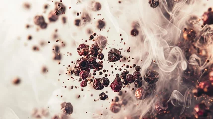Fotobehang  a close up of a mixture of smoke and cranberries on a white and gray background with red and black speckles. © Olga