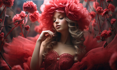 Ethereal Woman with a Magnificent Red Floral Headdress Among a Dreamlike Blossom, Fantasy Portrait Surrounded by Flowers