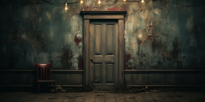 Mysterious Wooden Door on a Cracked, Distressed Wall in an Abandoned, Dark Room with a Moody Atmosphere