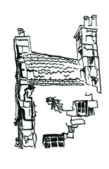 Sketch of a fragment of an old stone wall and a stove or fireplace chimney. Sketch with a black felt-tip pen, isolated on a white background.