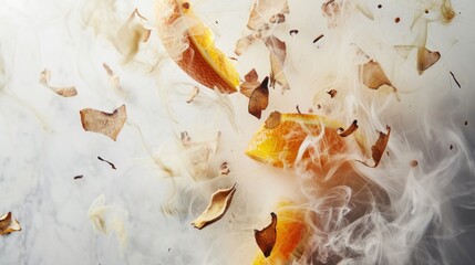  a close up of a piece of fruit with smoke coming out of it and leaves on the side of it.