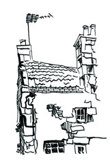 Sketch of a fragment of an old stone wall and a stove or fireplace chimney. Sketch with a black felt-tip pen, isolated on a white background.