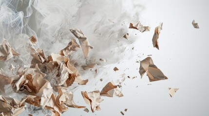  a white background with a lot of brown pieces of paper flying in the air with smoke coming out of them.