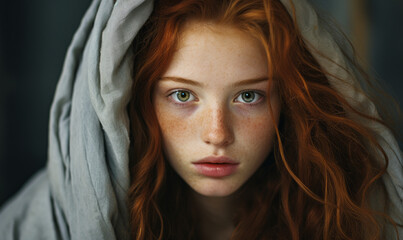 Haunting Portrait of a Redheaded Girl Wrapped in a Shawl, Her Piercing Eyes Telling an Untold Story