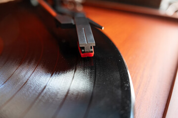 stylus playing record or LP on a music turntable