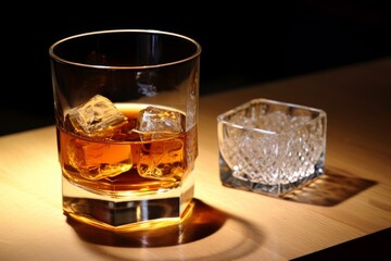 A glass of whiskey, complete with ice cubes, rests atop a wooden table.