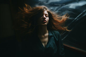 A woman's hair billows in the wind, creating a dramatic underwater portrait.