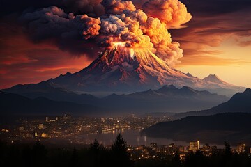 large volcanic eruption with a large release of smoke and ash, at the foot of the volcano city, river, natural disaster, Generative AI - obrazy, fototapety, plakaty