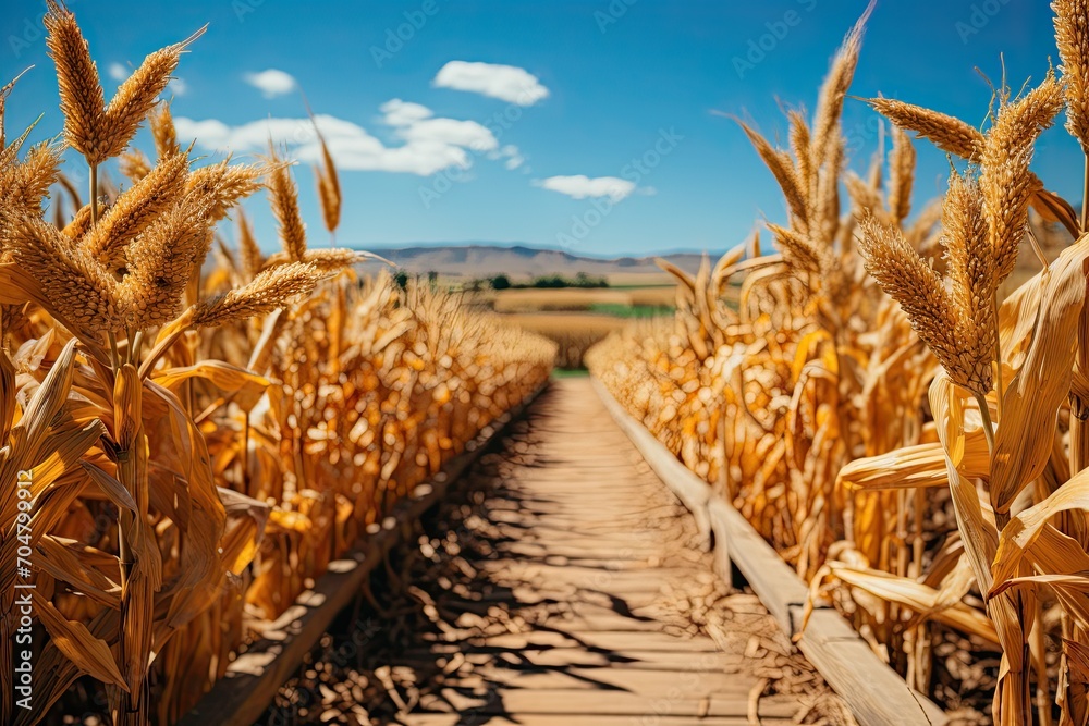 Poster large corn field with rows of planted corn, agricultural corn fields, generative ai