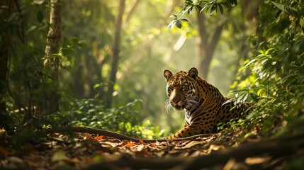  a large tiger sitting in the middle of a forest with lots of trees and leaves on it's sides. - obrazy, fototapety, plakaty