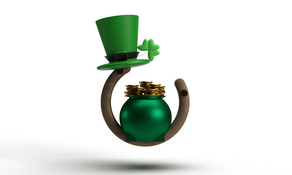 hat pot horse shoe metal steel brown colour green white isolated background wallpaper dicut object saint patrick day st. patrick day 17 seventeen day date march month shamrock ireland irish country 
