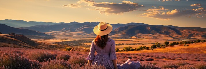 Happy caucasian woman with long hair and a hat walking through in purple lavender flowers field,back view, Generative AI