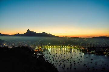 Guanabara Bay and Corcovado Mountain in Rio de Janeiro Skyline seen from the Sugarloaf Mountain at Dusk