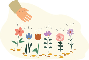 Gardening. Flowers and hand, vector illustration. Flat design style