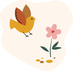 small bird flies around a flower. Simple vector illustration, flat design style