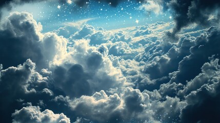 Naklejka premium the sky is full of clouds with stars in the middle of the clouds and the moon in the middle of the clouds.