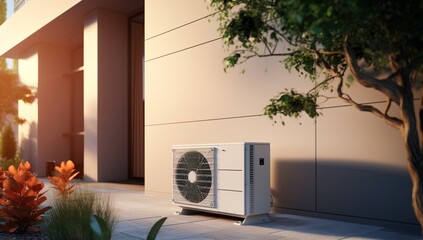 Air conditioner unit placed outside a house - obrazy, fototapety, plakaty