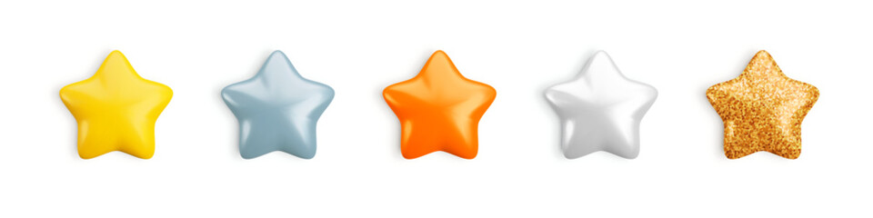 Vector 3d metallic stars icon set on white background. Cute realistic gold, silver, bronze, glitter cartoon 3d render, glossy sparkling star Illustration for customer rating, decoration, game, app.
