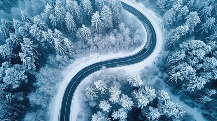 Aerial view of snow covered curved road, Surrounded by trees. Generative AI.