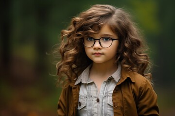 Portrait of a beautiful little girl with long curly hair in a brown coat and glasses.