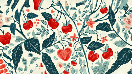  a pattern of cherries and leaves on a white background with red and blue flowers and leaves on a white background.