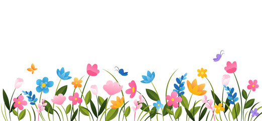 Fototapeta na wymiar Horizontal cartoon banner with gorgeous multicolored blooming flowers, butterflies and leaves border. Spring or summer botanical flat vector illustration on white background with empty space.