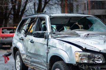 Dnepr, Ukraine &ndash; January 6: Russian drones attacked the Dnieper. Burnt and damaged cars in the Dnieper. Utility services clean up the aftermath of the attack on the city.