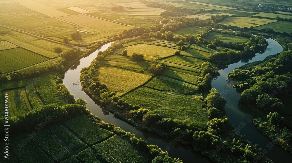Poster a bird's-eye view of wheat fields and river, agriculture. generative ai.