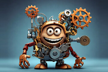 Naklejka premium Whimsical gear character. Humorous cartoon illustration in comical situation. Playful machinery-themed character for creative projects.