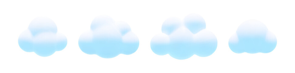 Cartoon 3d clouds set. Vector soft white fluffy cloud on white background. 3d Render bubble shape round geometric cumulus illustration for design, game, weather app. - obrazy, fototapety, plakaty