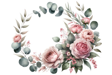 Watercolor floral illustration. Pink flowers and eucalyptus greenery bouquet. Dusty roses, soft light blush peony - border, wreath, frame. Perfect wedding stationary, greetings, fashion, PNG element.