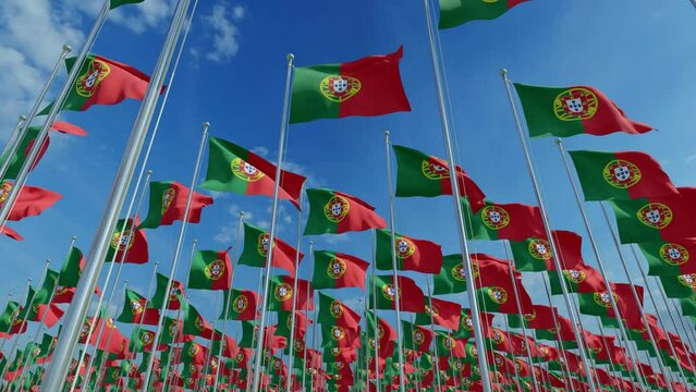 Group of Portugal flags on the flagpole fluttering in the wind against the blue sky. 3d Render.
Portuguese wavy realistic flags as a symbol of patriotism. Official colors and proportion correctly. Wav