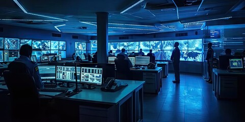 Innovative command hub. Futuristic technology center with holographic screens by corporate professionals creating vision of future workspace ideal for depicting information management and control