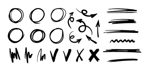 Hand drawn black arrow, line, cross, check mark and circle set. Doodle sketch elements isolated on white background. Vector abstract marker drawing collection.