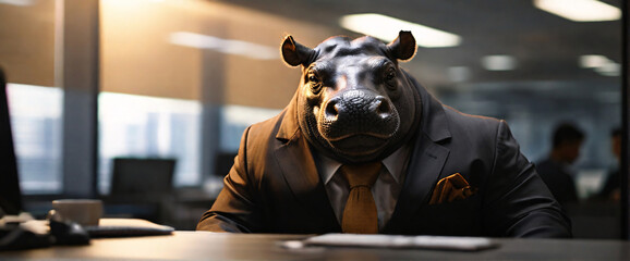 buying stocks with a mesmerizing depiction of an business Hippo, their back presented in a half-turn, wearing suits in an office, seated in front of a commanding monitor, engrossed in the process of