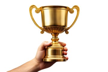 Hand hold gold trophy cup illustration PNG element cut out transparent isolated on white background ,PNG file ,artwork graphic design.