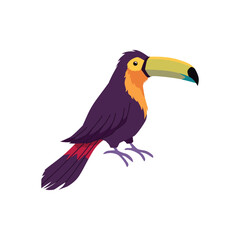 Tropical toucan bird on the branch, cartoon exotic wild bird with orange beak, jungle fauna animal isolated vector