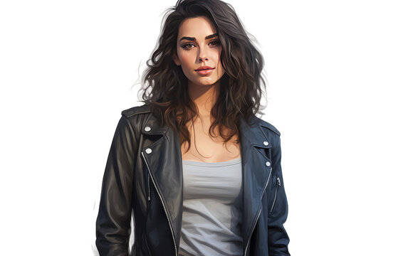 A young woman in a leather jacket and jeans isolated on transparent background.