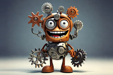 Whimsical gear character. Humorous cartoon illustration in comical situation. Playful machinery-themed character for creative projects.